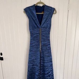 Nicole Miller blue crushed satin full length gown